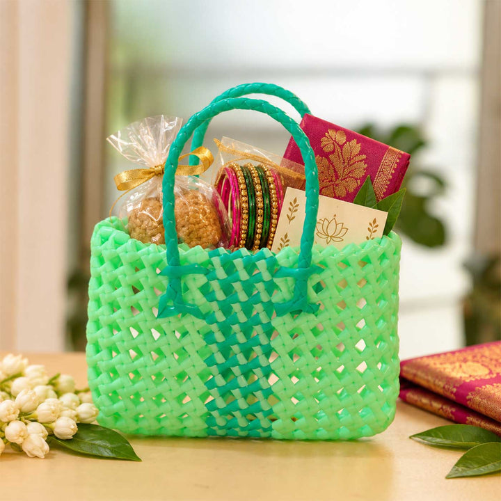 Handwoven Green Small Plastic Wire Koodai Bag For Festive Return Gifts