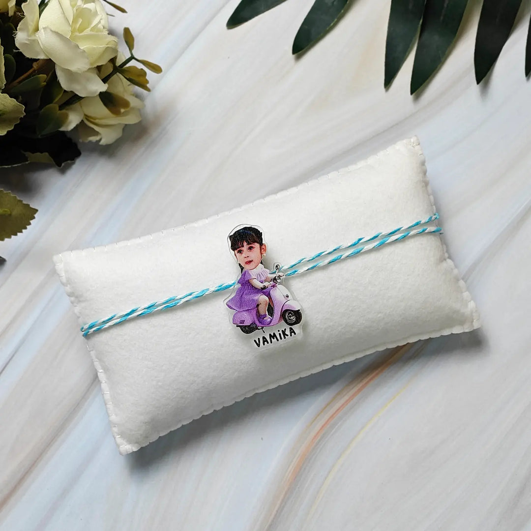 Photo Personalized Reusable Caricature Cute Scooter Theme Acrylic Kids Rakhi
