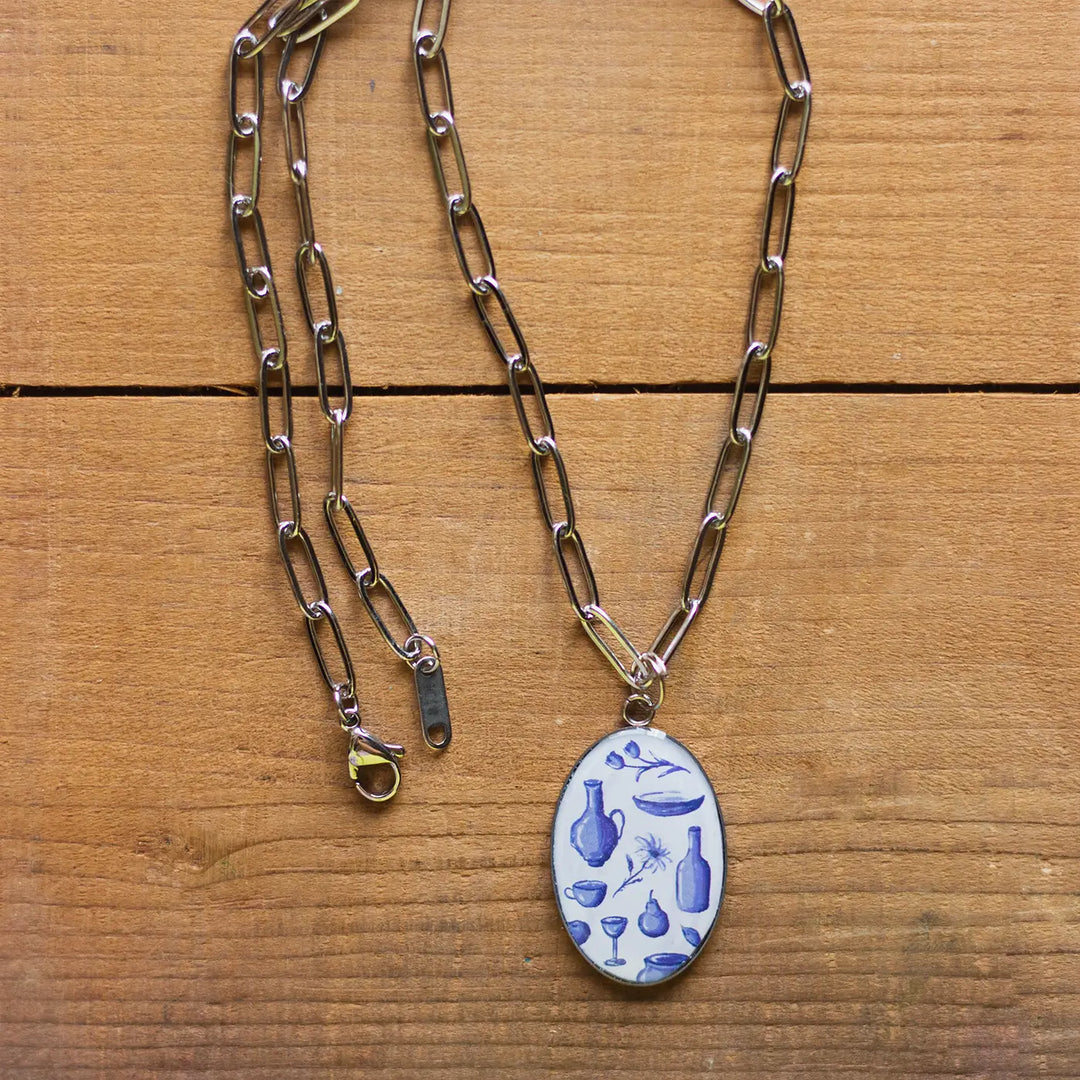 Illustrated White Ceramic Objects Inspired Resin & Stainless Steel Necklace