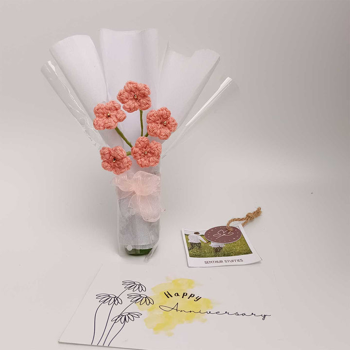 Handmade Crochet Peach Blossom Mini Flower Bouquet | Includes Photo & Greeting Card