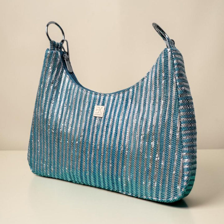 Blue and White Striped Upcycled Plastic Handcrafted Baguette Handbag