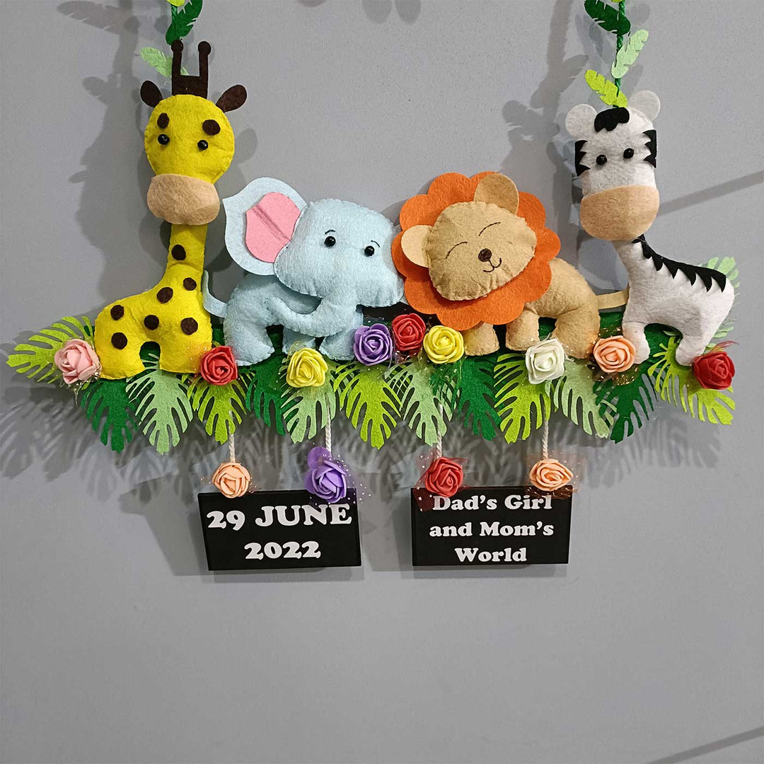 Personalized Handmade Animal Kingdom Felt Kids Name Plate - Hanging Front View with Personalization