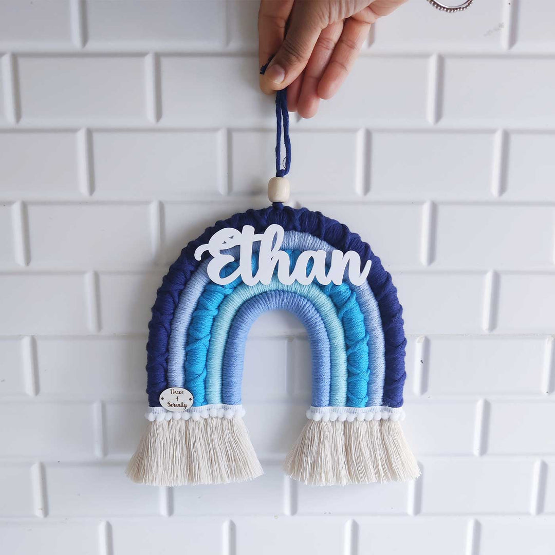 Personalized Handmade Macrame Blue Rainbow Kids Name Plate With 3D Letters