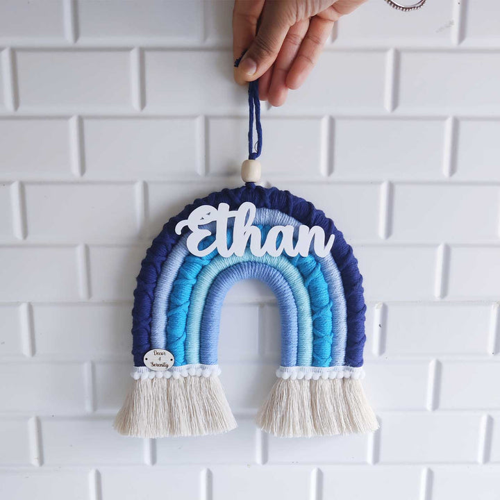 Personalized Handmade Macrame Blue Rainbow Kids Name Plate With 3D Letters