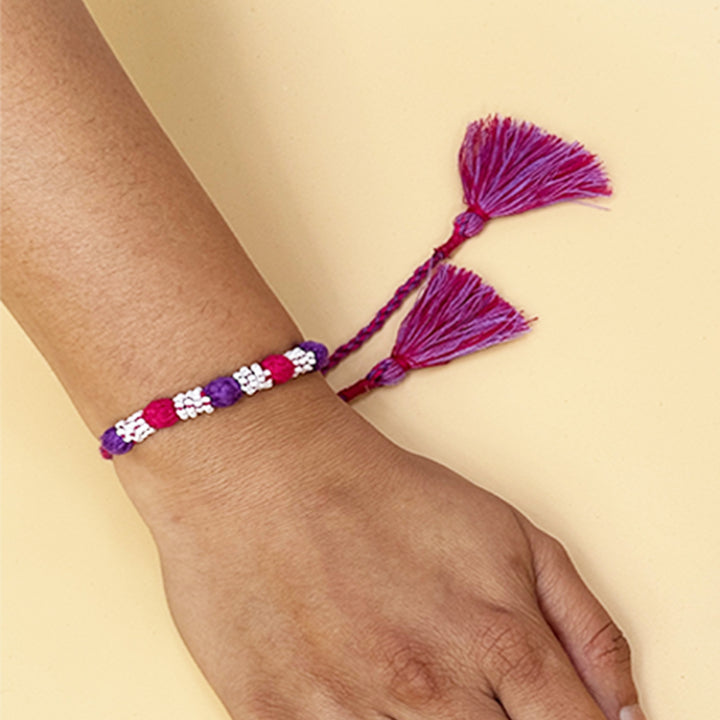 Handmade Reusable Rani Pink And Purple Beaded Patwa Rakhi For Brother