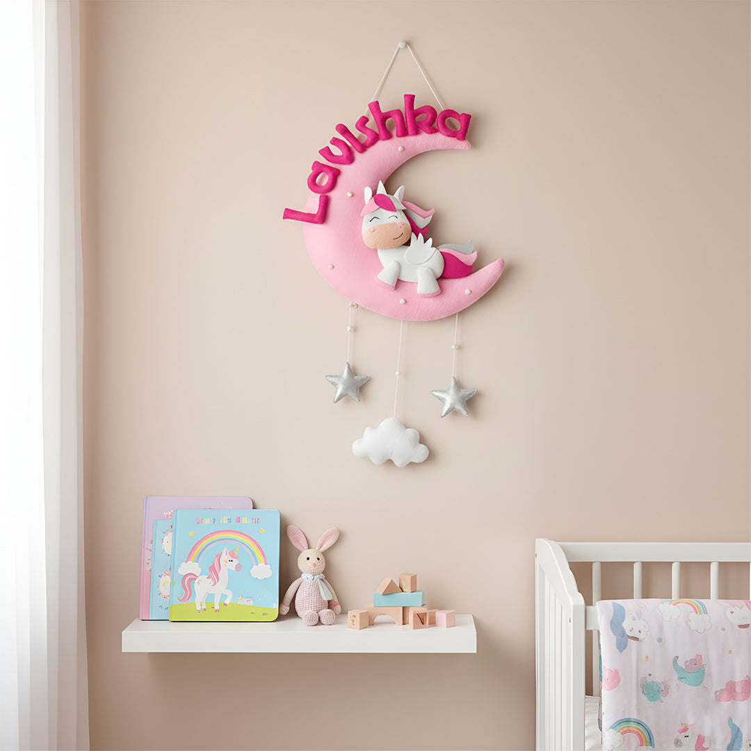 Hand-stitched Cute Unicorn Themed Moon Felt Nameplate