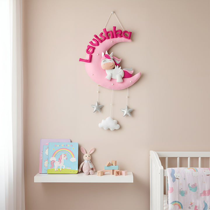 Hand-stitched Cute Unicorn Themed Moon Felt Nameplate