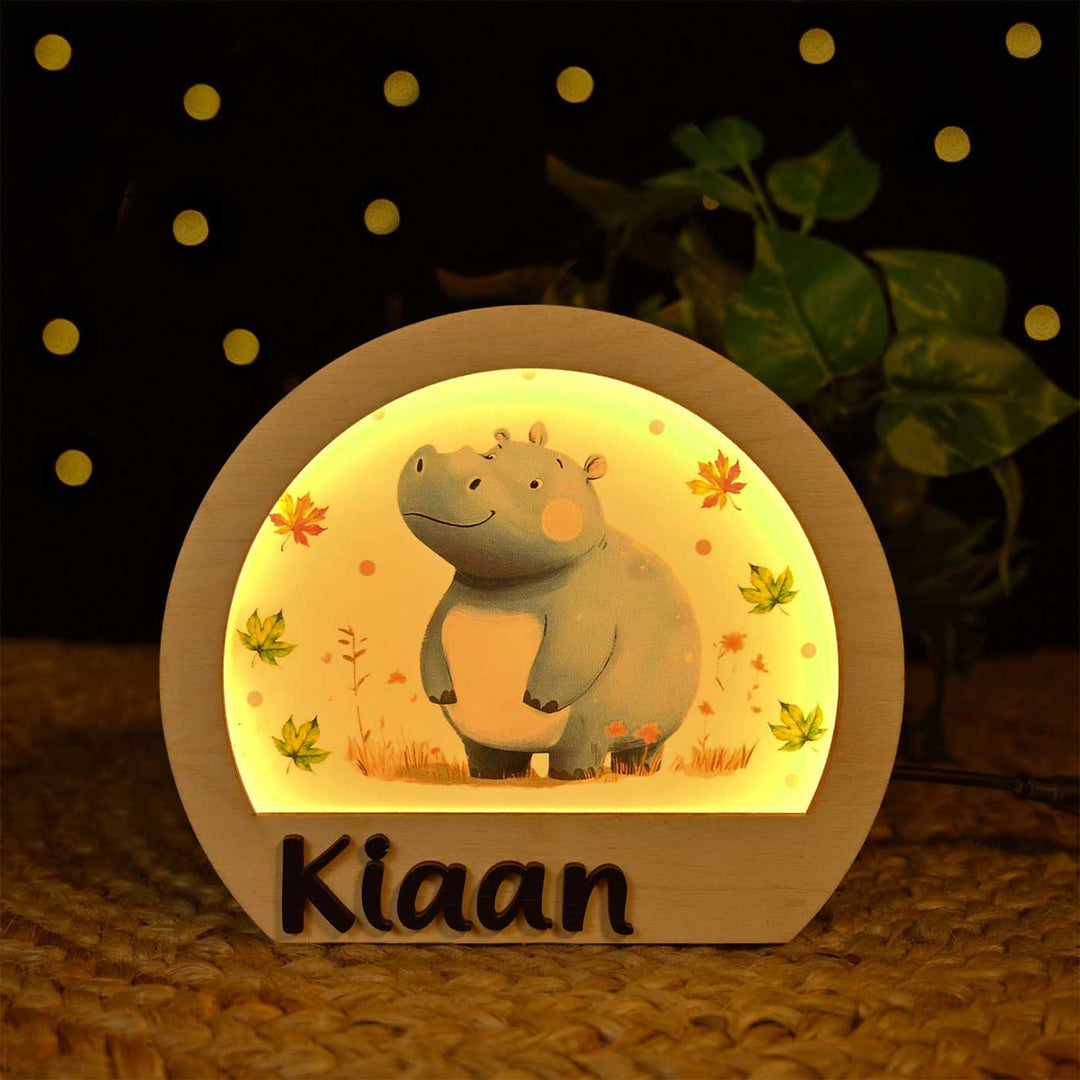 Personalized Hippo Theme Wooden Table Lamp With 3D Letters