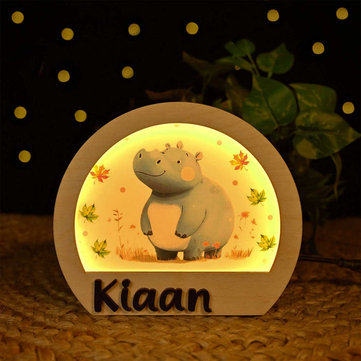Personalized Hippo Theme Wooden Table Lamp With 3D Letters