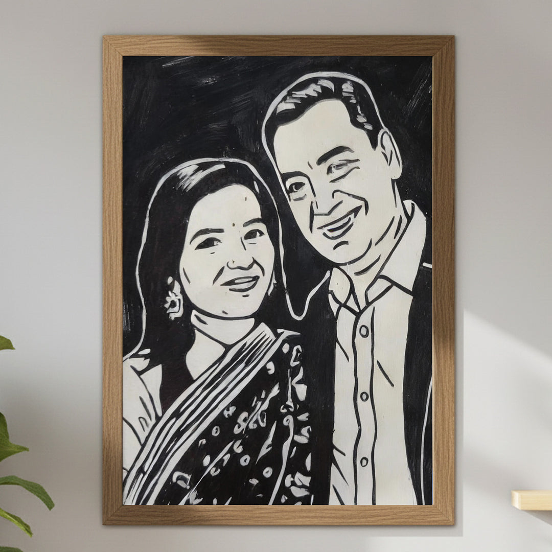 Photo Personalized Black & White Hand Painted Portrait With Premium Wooden Frame
