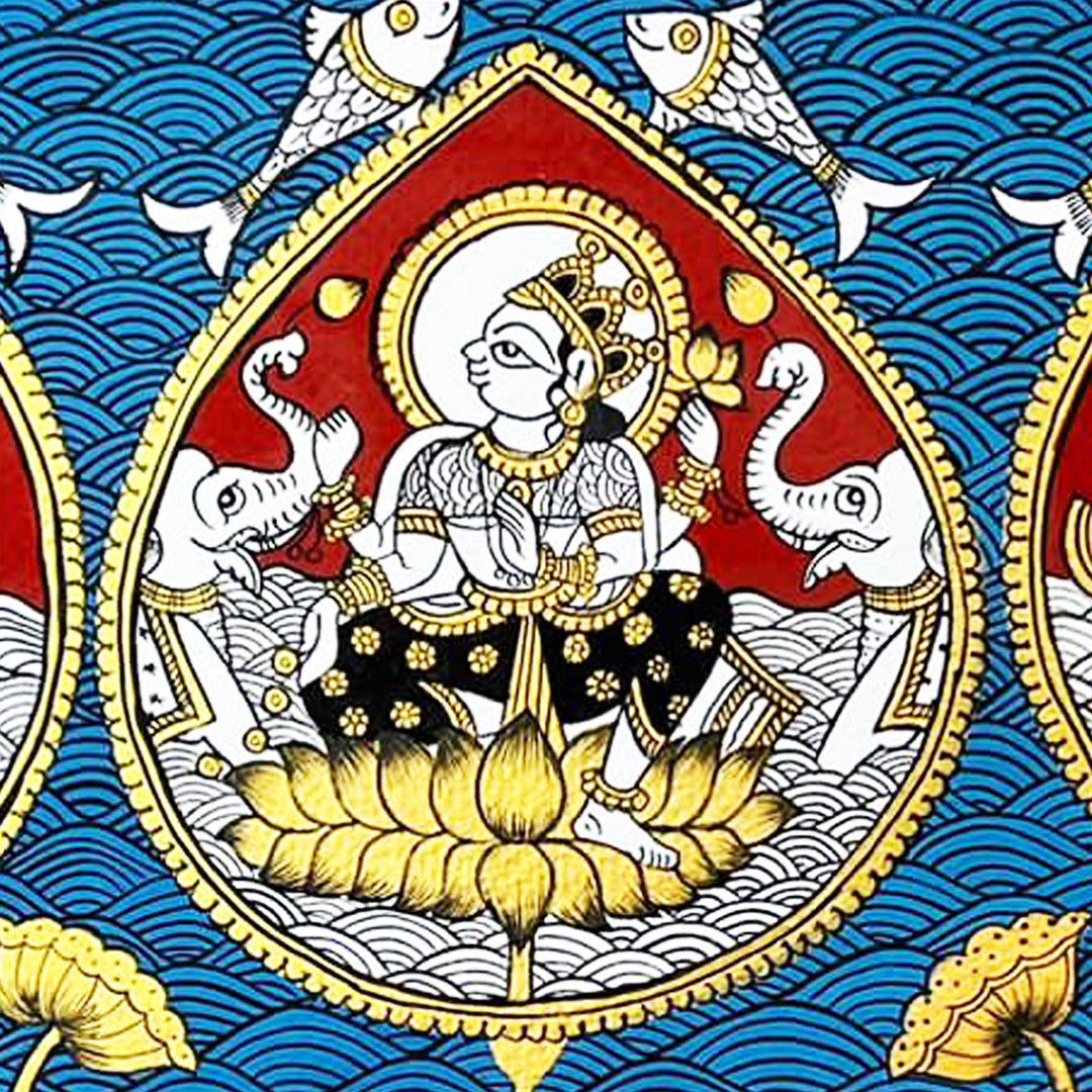 6.5 X 14 Inch | Saraswati Lakshmi Ganesh Paper Phad Painting