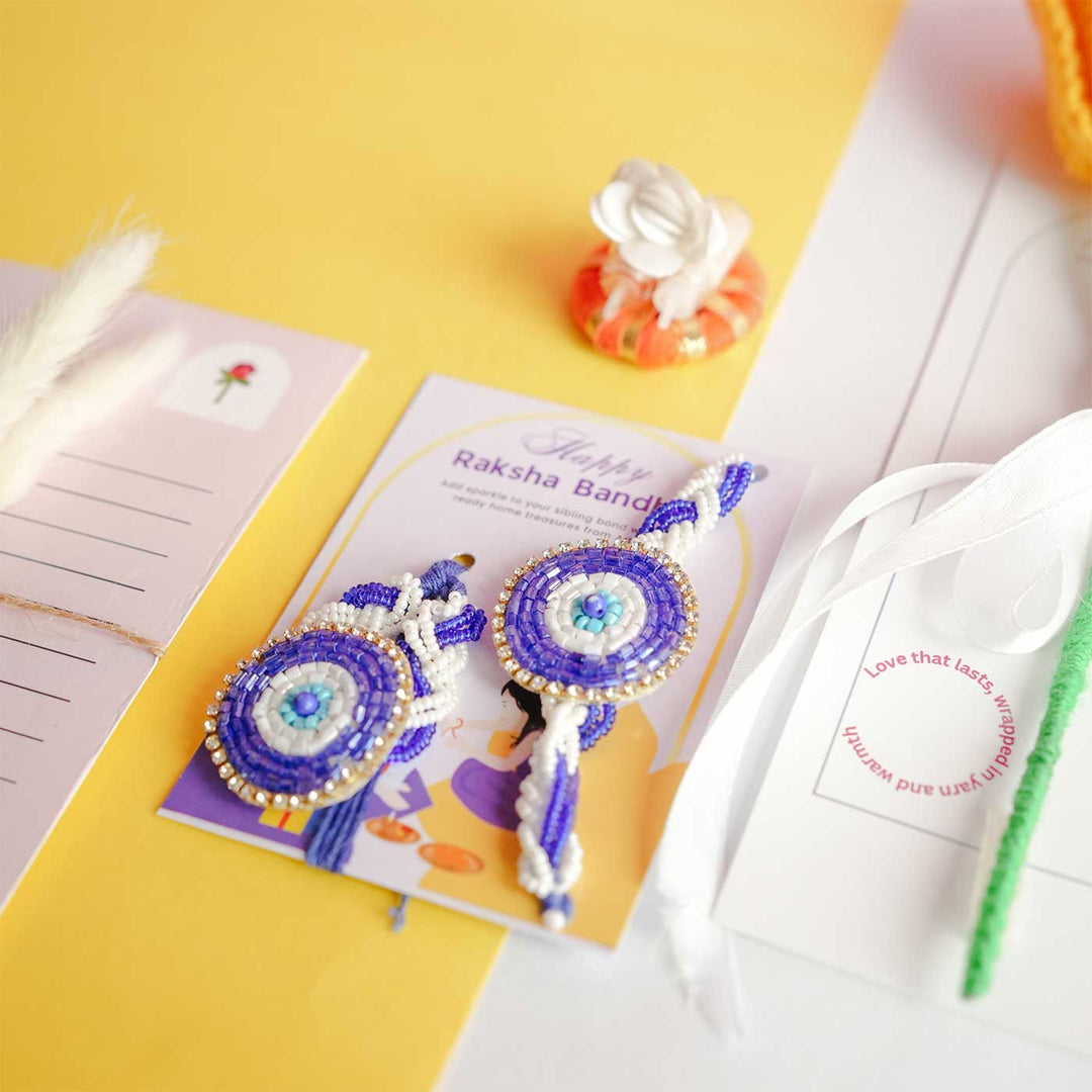 Personalized Handmade Crochet Tulip Yellow Rakhi Hamper | Includes 1 Crochet Flower, 1 Message Card & 2 Rakhis & Roli Chawal