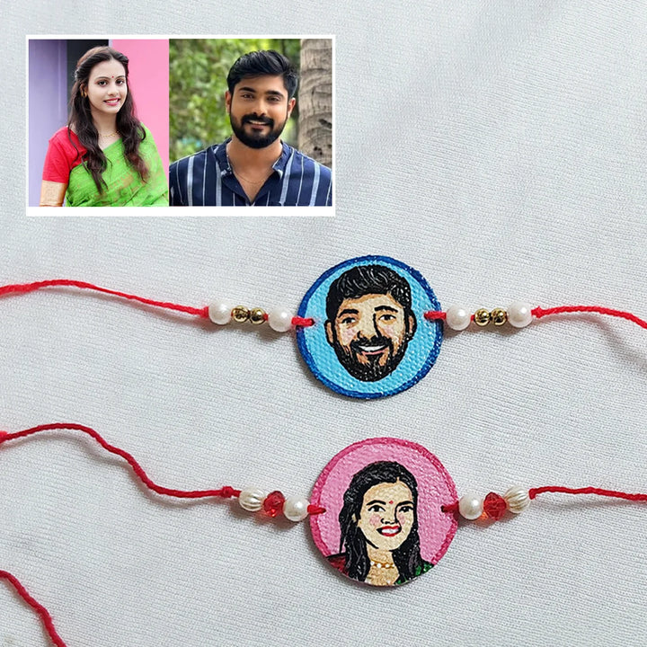 Photo Personalized Hand-Painted Caricature Bhaiya Bhabhi Rakhi | Set Of 2