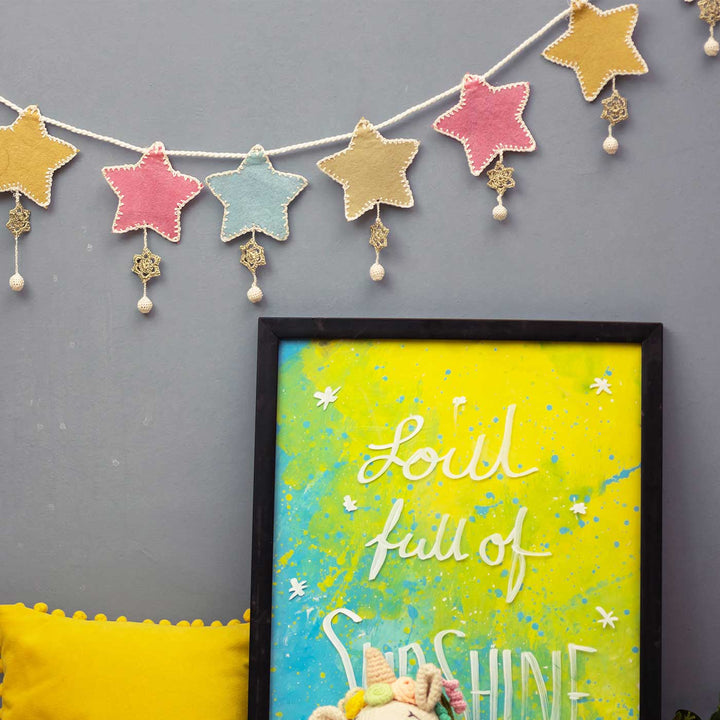 Handmade Crochet Star Themed Felt Bunting - Framed Print Leaning Against Wall