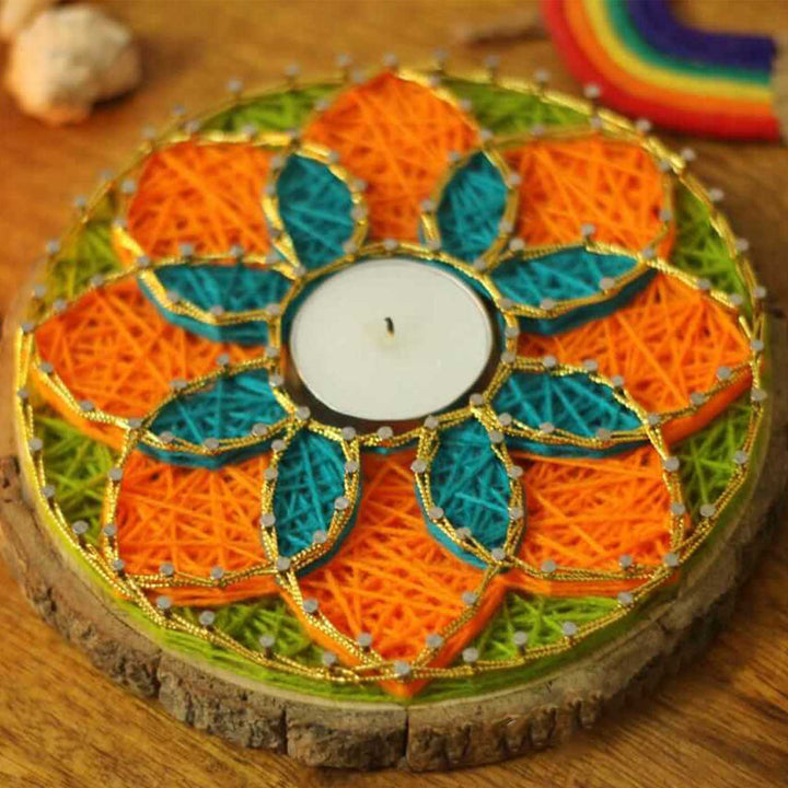 Handmade String Art Orange And Green Flower Design Mdf Wood Tealight Holder