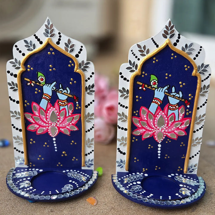 Hand-Painted Mirror Work Murli Manohar Jharokha Tealight Holder | Set Of 2