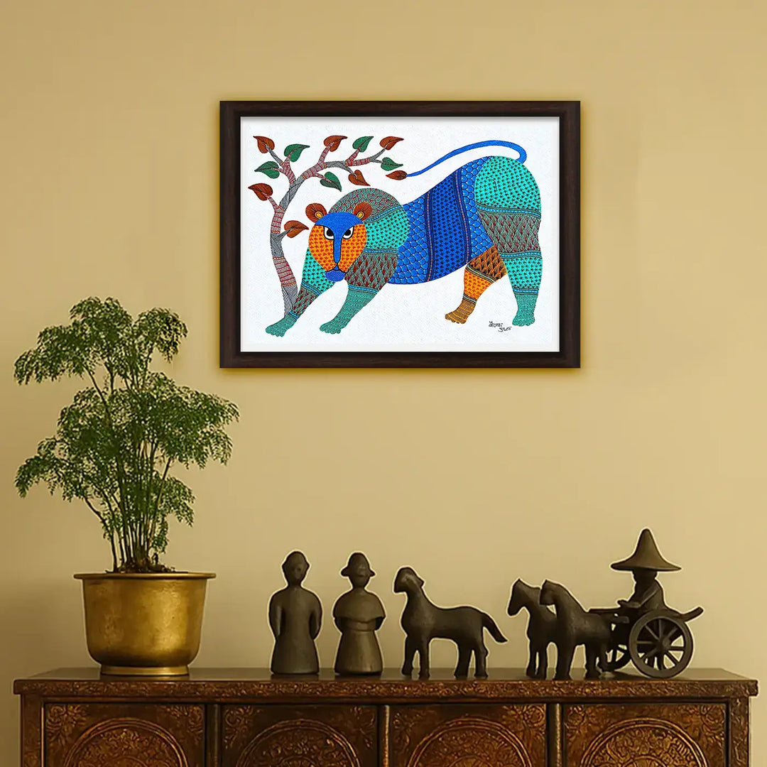 11 x15 Inch | Lion & Tree | Original Hand Painted Tribal Gond Art Painting | Acrylic Paints On Paper
