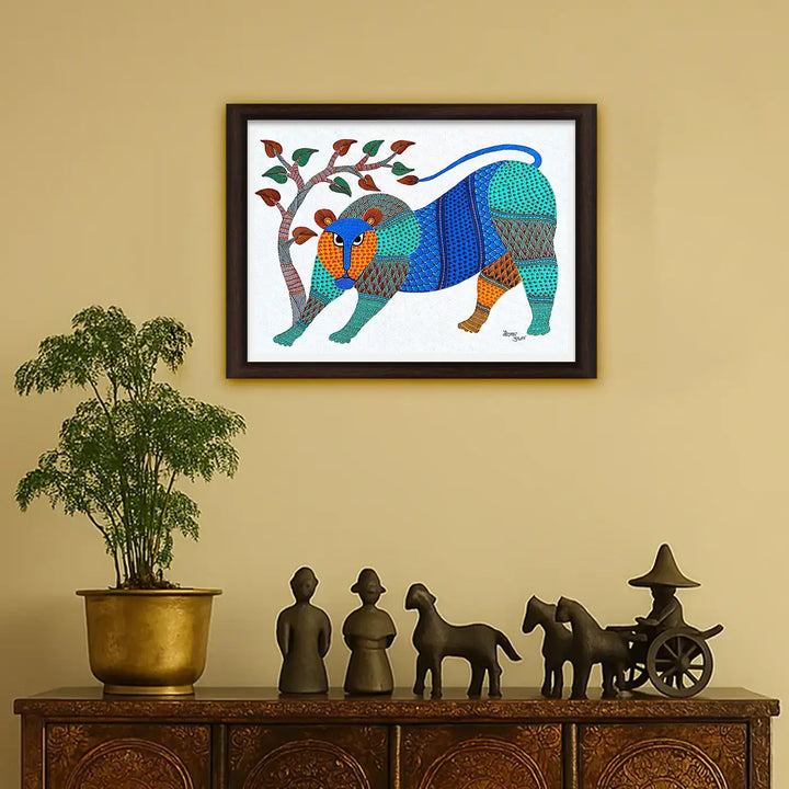 11 x15 Inch | Lion & Tree | Original Hand Painted Tribal Gond Art Painting | Acrylic Paints On Paper