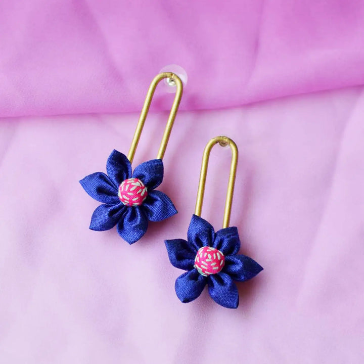 Handmade Textile Art Hanging Flower Design Dupion Silk Fabric Earrings