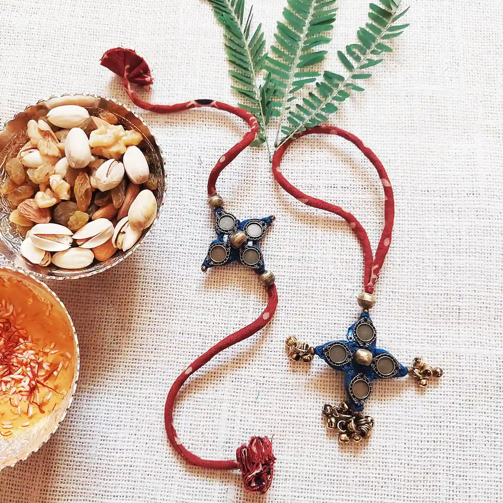 Handmade Dori Work And Ghungroo Bhaiya Bhabhi Rakhi With Roli Chawal Set Of 2 - Styled with Natural Decor