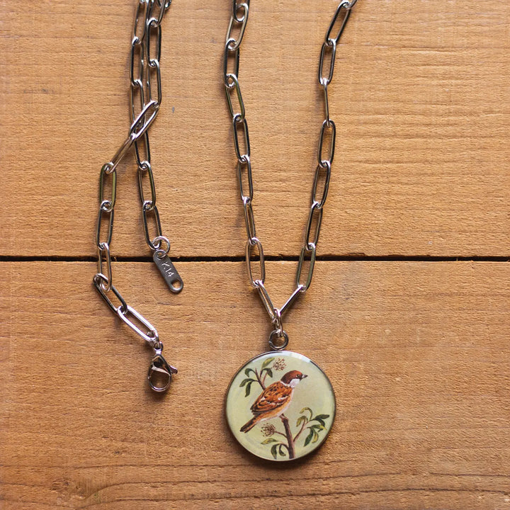Illustrated Sparrow Theme Resin & Stainless Steel Necklace