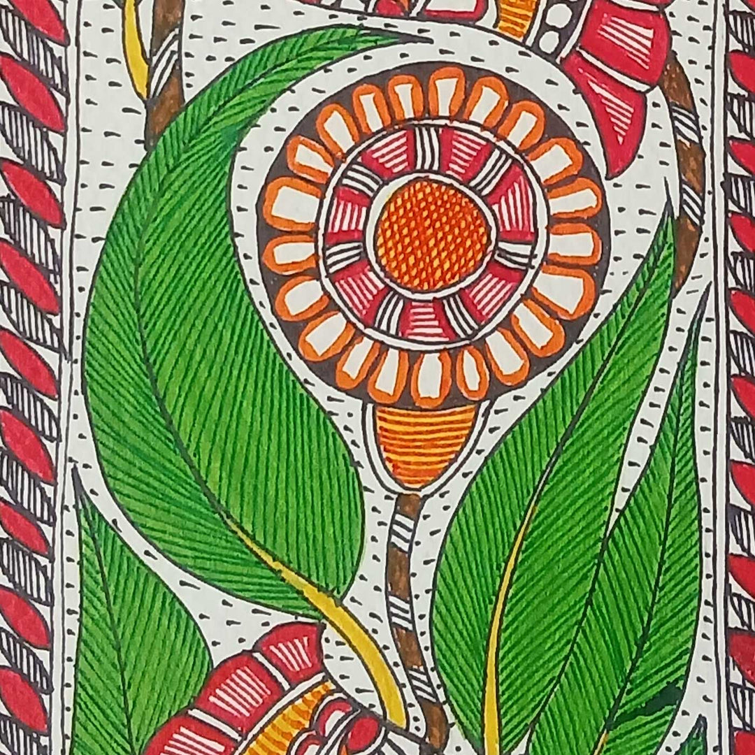 16 x 6 Inch | Flowers & Leaves | Original Hand Painted Madhubani Painting | Acrylic Paints On Paper