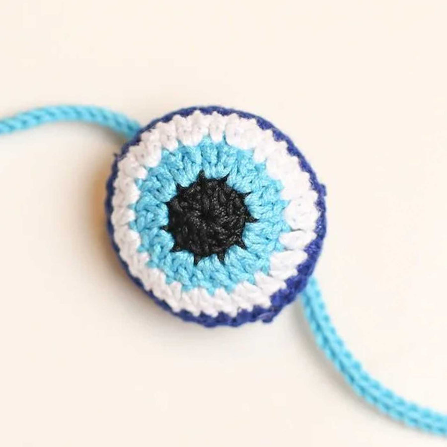 Handmade Crochet Evil Eye Design Cotton Rakhi 10 - Close-up Front View