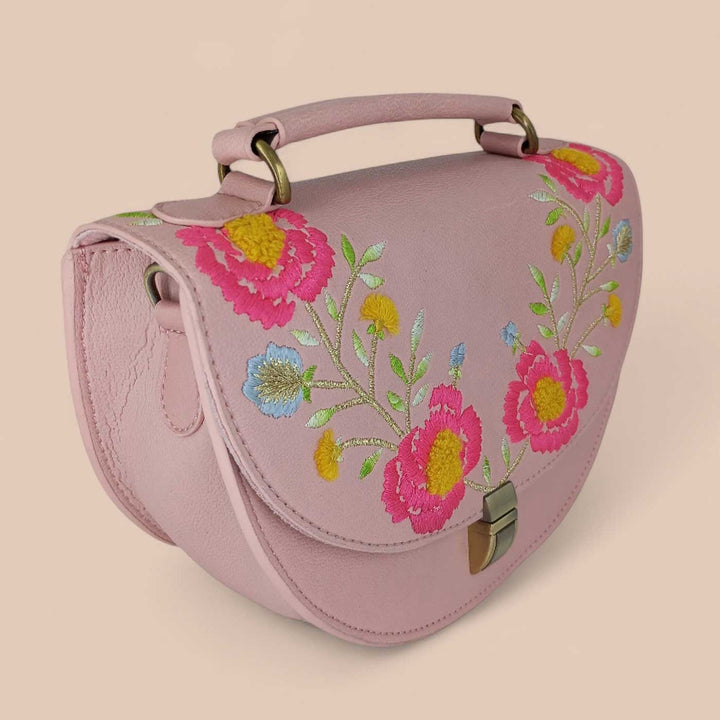 Handmade Embroidered Flower Design Peach Rexine Sling Bag