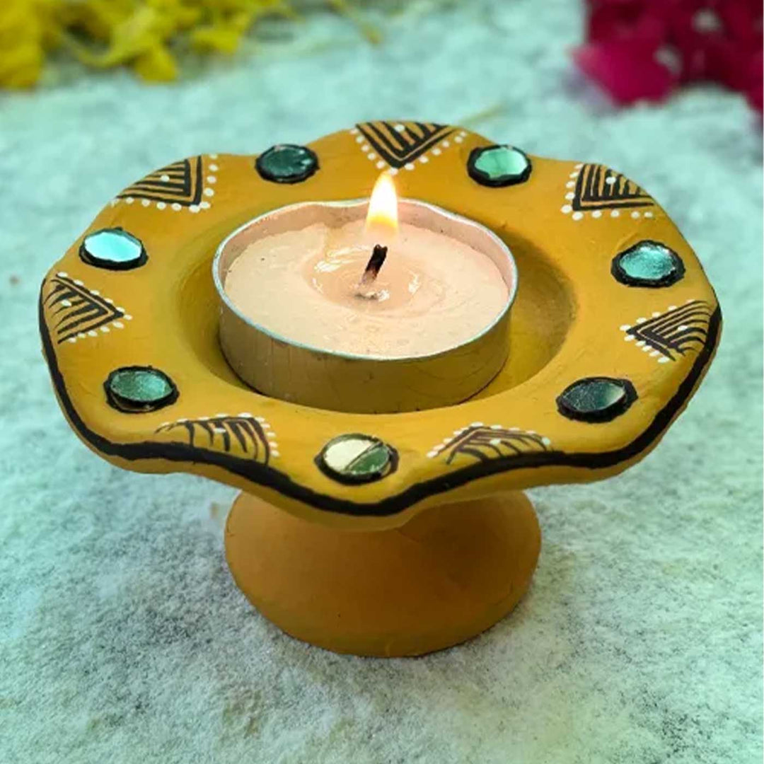 Set of 6 | Sunny Yellow Hand-Painted Flower-Shaped Terracotta Diya Tealight Holders For Festive Decor