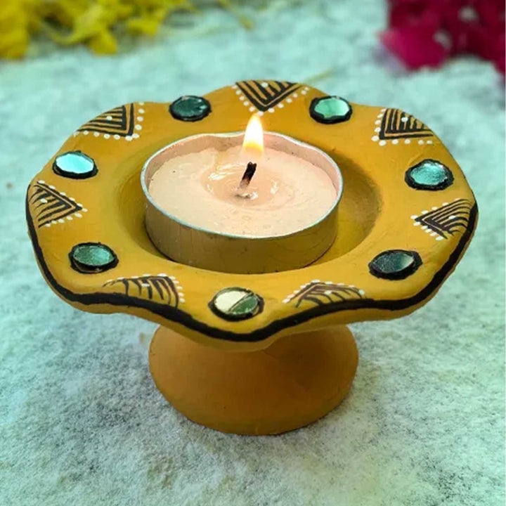 Set of 6 | Sunny Yellow Hand-Painted Flower-Shaped Terracotta Diya Tealight Holders For Festive Decor
