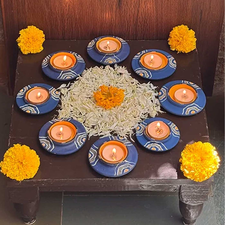 Set of 8 | "Blue Bloom" Hand-Painted Terracotta Disc Diya Tealight Holders For Festive Decor