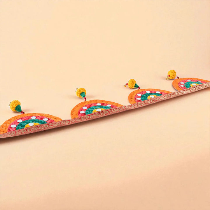 Multicoloured Mirror & Marigold Embellished Eco-Friendly Handmade Woven Bamboo Toran | 41 Inch x 7 Inch