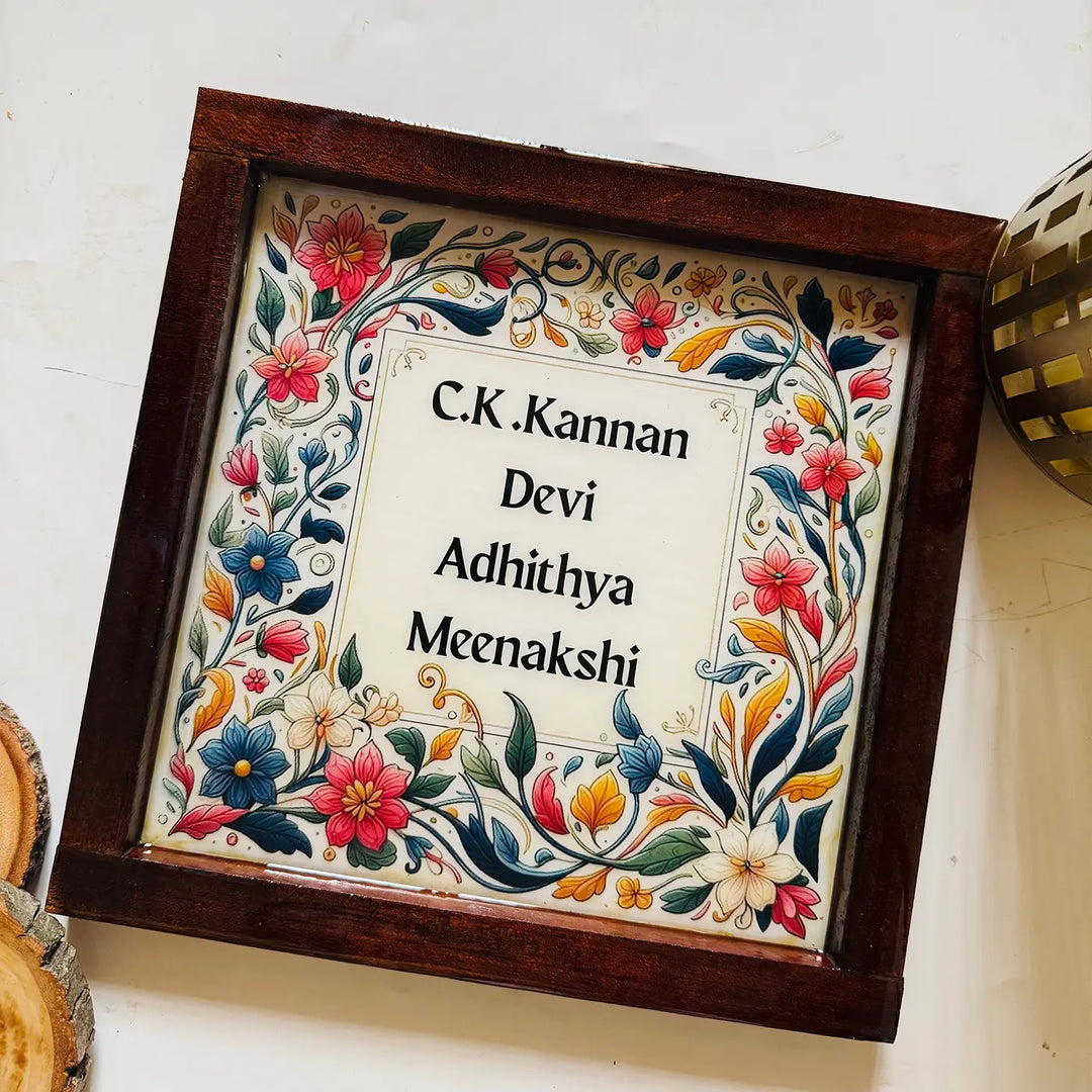 Personalized Floral Theme Resin Name Plate With Teak Wood Frame