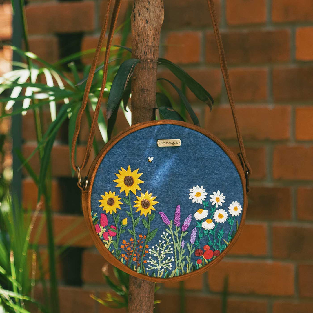 Personalized Embroidered Bee & Wildflowers Round Denim Sling Bag