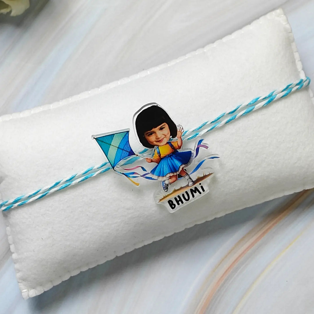 Photo Personalized Reusable Caricature Girl With Kite Theme Acrylic Kids Rakhi