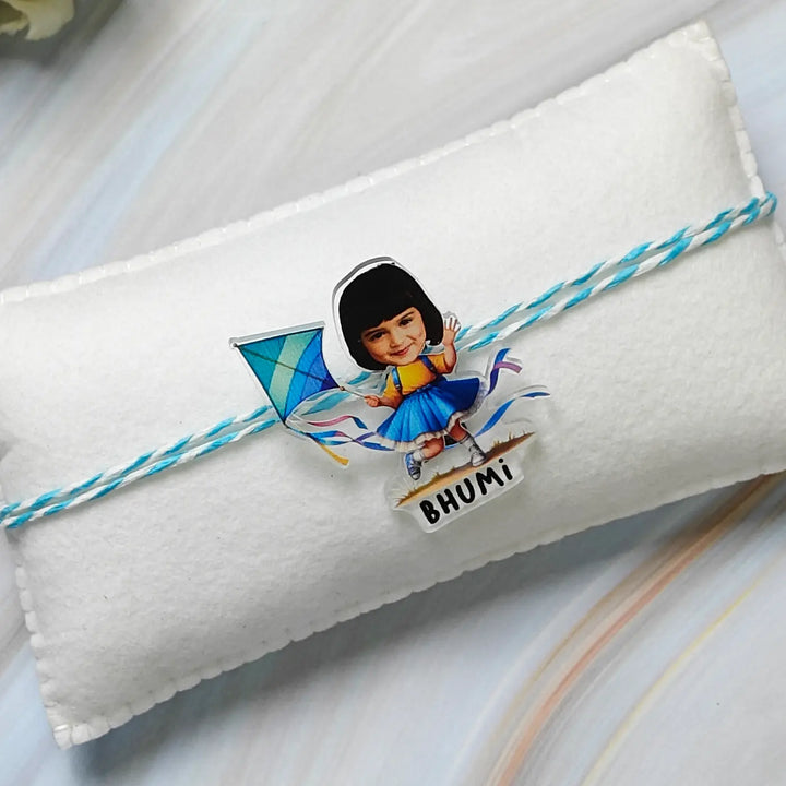 Photo Personalized Reusable Caricature Girl With Kite Theme Acrylic Kids Rakhi