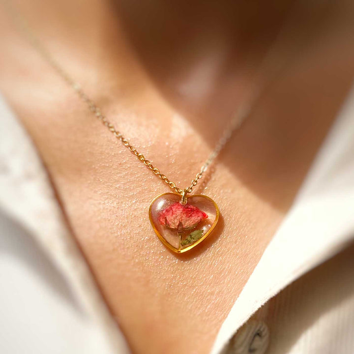 Red Preserved Rose Heart Stainless Steel Necklace