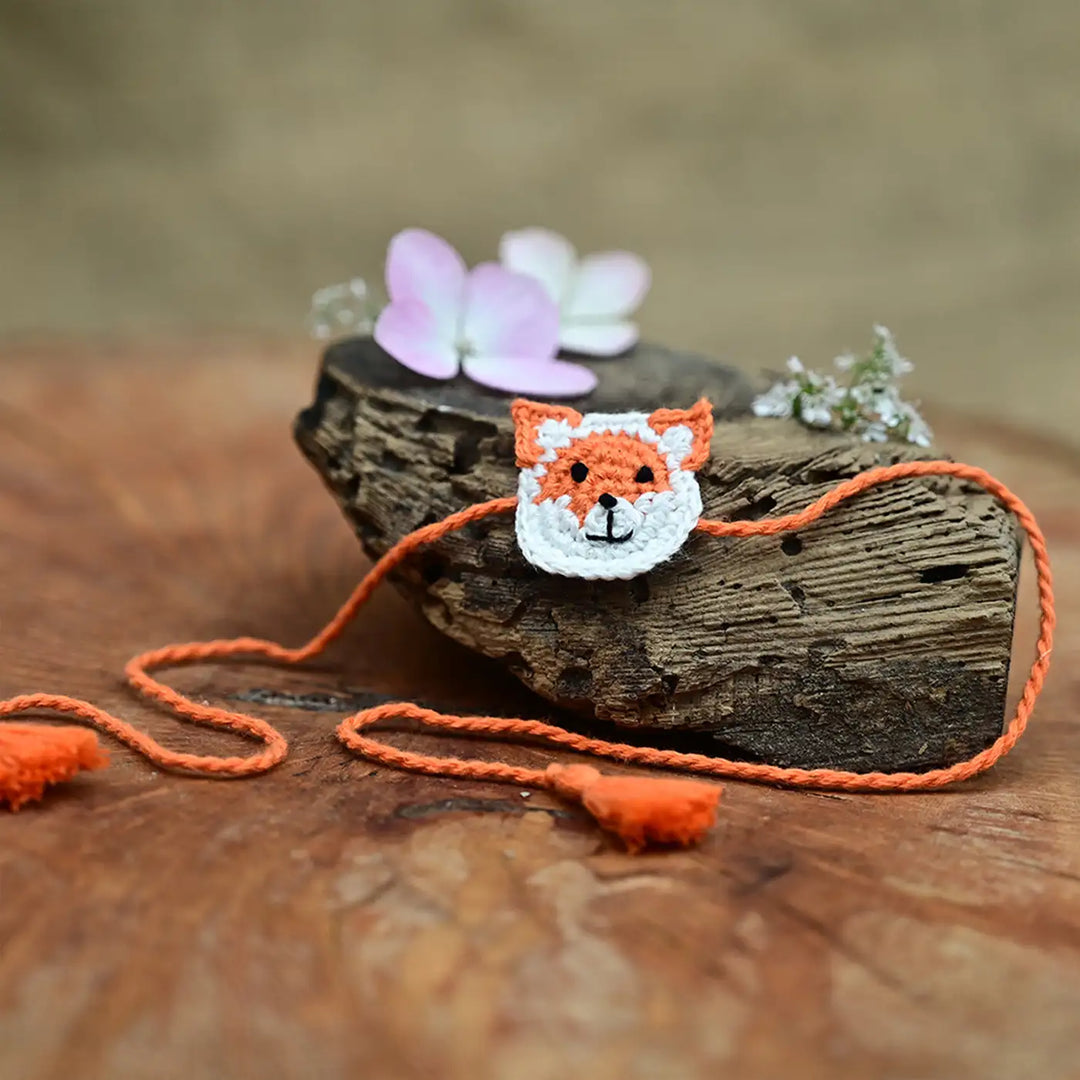 Handmade Crochet Fox Theme Kids Rakhi With Roli Chawal