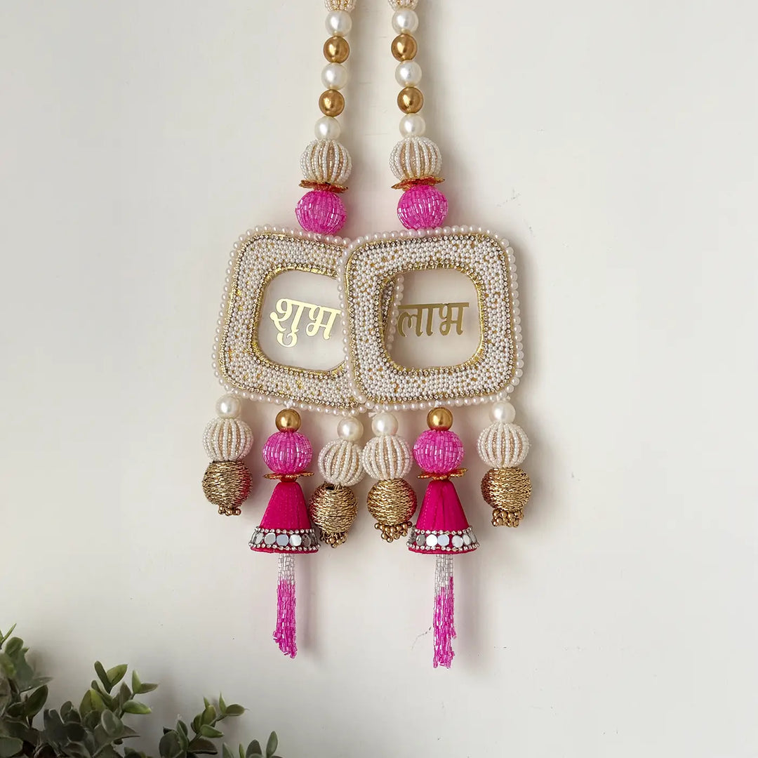 Handmade Beaded White & Pink Shubh Labh Hangings | Set Of 2
