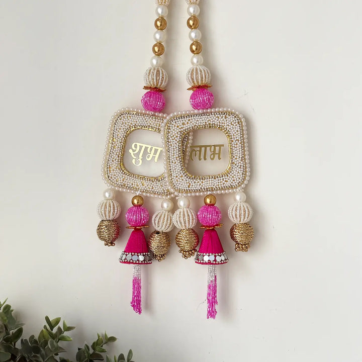 Handmade Beaded White & Pink Shubh Labh Hangings | Set Of 2