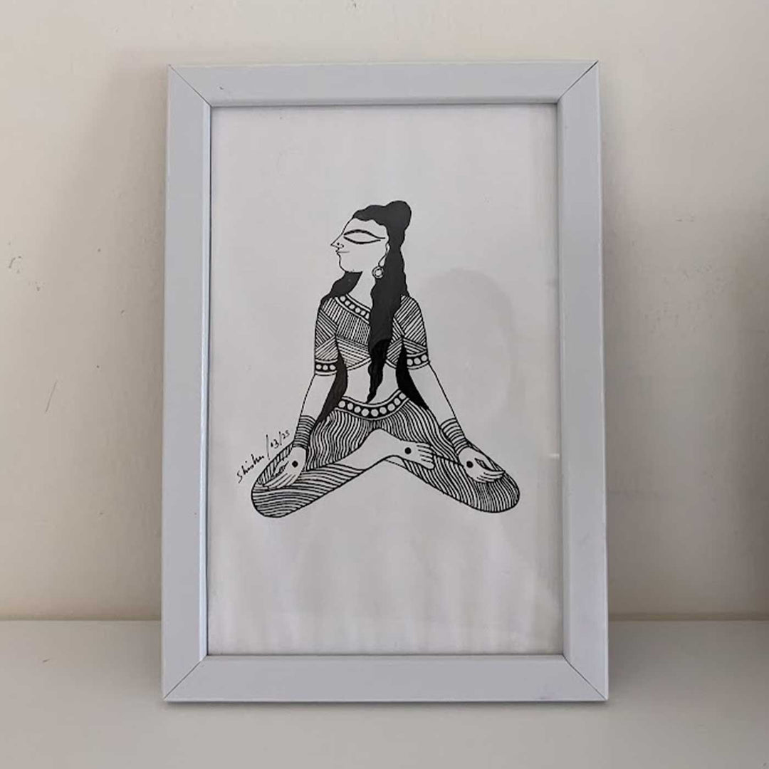 6 x 9 Inch | Sukhsan Yoga Pose | Minimalist Black & White Mudhubani Style Line Drawing With Frame