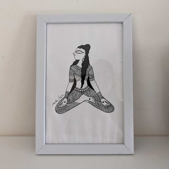 6 x 9 Inch | Sukhsan Yoga Pose | Minimalist Black & White Mudhubani Style Line Drawing With Frame