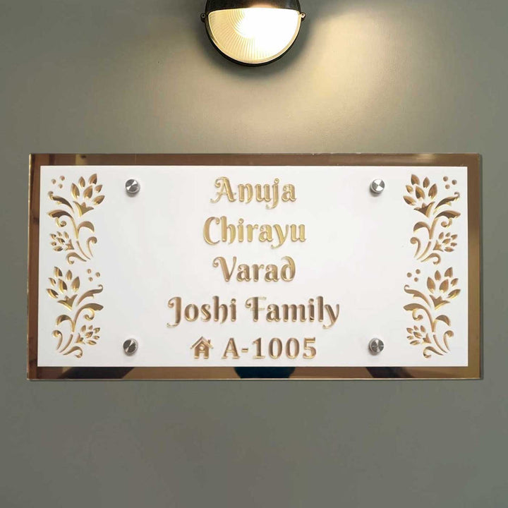 Personalized White & Gold Floral Theme Acrylic Name Plate