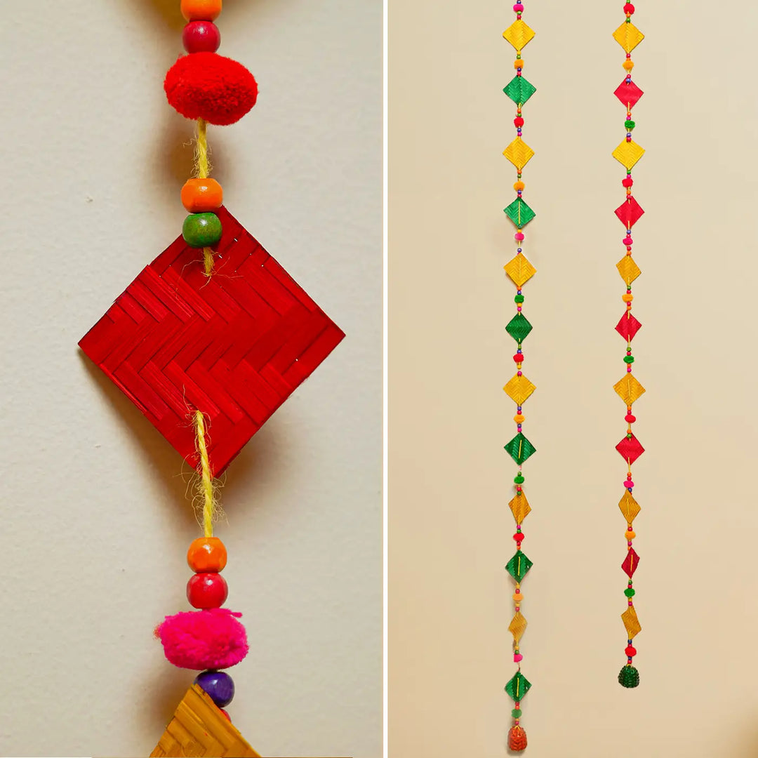 64 Inch | Extra Long Handmade Multicolor Square Pom Pom & Bamboo Hanging