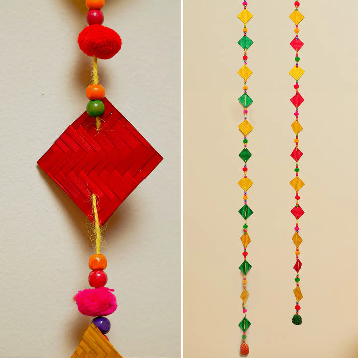 64 Inch | Extra Long Handmade Multicolor Square Pom Pom & Bamboo Hanging