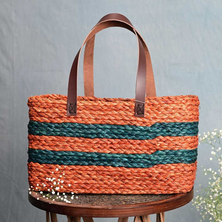 Handmade Grass Woven Double Striped Sabai Mesh Handbag