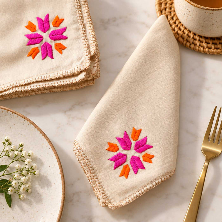 6 Pc | Hand Embroidered Geometric Motif Cotton Napkin For Festive Dining