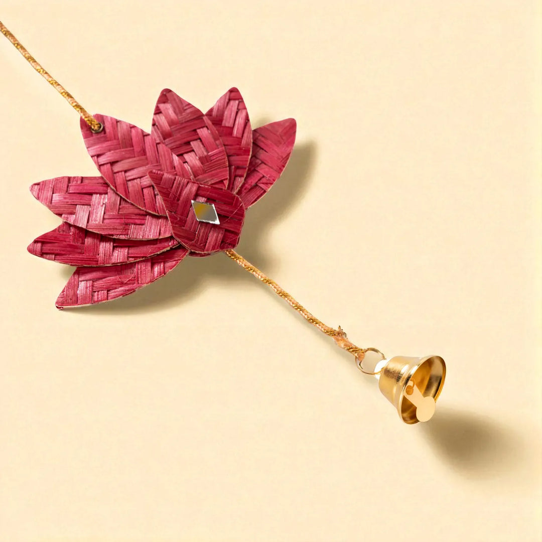 Lotus & Mirror Embellished Eco-Friendly Handmade Woven Bamboo Hanging | 45 Inch x 2 Inch | Set Of 2