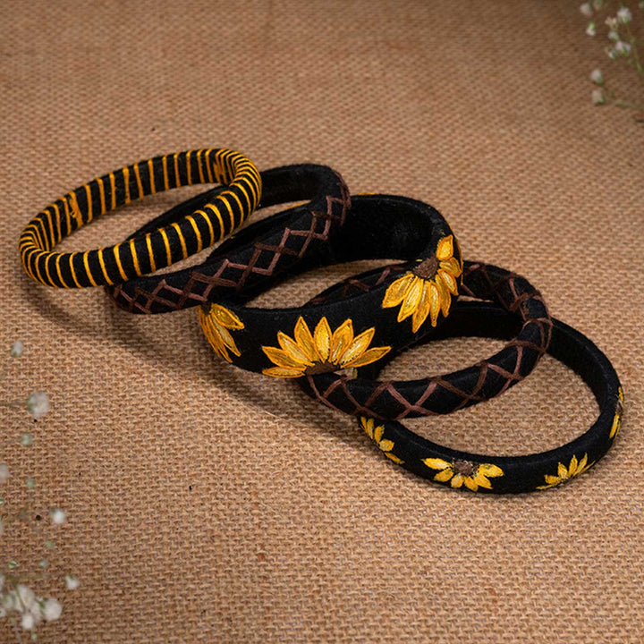 Black & Yellow Handcrafted Sunflower Bangles | Set of 5
