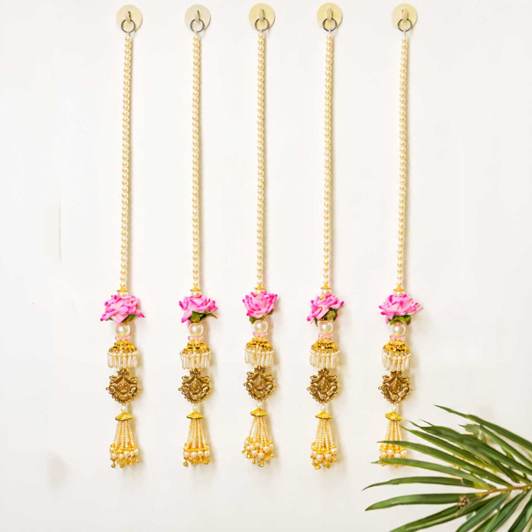 Handcrafted Pearl Strands And Rose Flower Door Hangings With Bells And Gold Bead Detailing